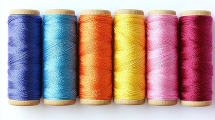 Colorful collection of sewing thread spools arranged in a row on a clean background with vibrant hues of blue, orange, yellow, pink, and purple