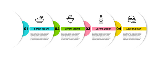 Set line Nachos in bowl, Mexican sombrero, Tequila bottle and Hola. Business infographic template. Vector © vector_v