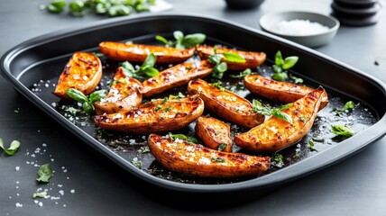 Fototapeta premium Roasted sweet potato wedges with herbs on baking tray