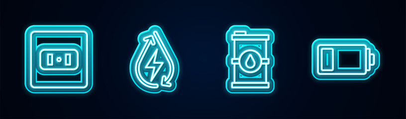 Set line Electrical outlet, Water energy, Bio fuel barrel and Battery. Glowing neon icon. Vector