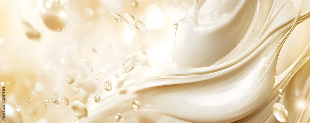 Poster Elegant and luxurious beige abstract background with smooth flowing fluid waves and shimmering golden lights  Satin like soft and creamy texture creates a sense of calm romance and harmony