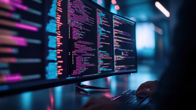 Professional programmer writing code in a modern workspace with dual monitors displaying colorful programming languages in low light conditions