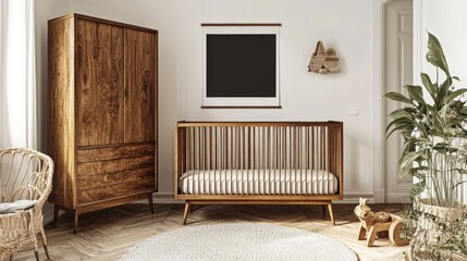Cozy Modern Nursery Interior Featuring Wooden Crib and Natural Textures with Plants