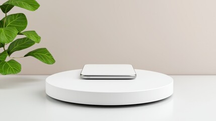 Minimalistic Modern Workspace with Smartphone on Round Stand and Plant