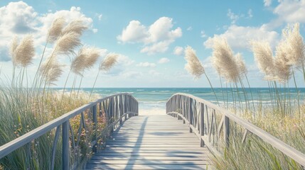A wooden boardwalk leading to the beach, lined with wildflowers and tall grasses swaying in the warm breeze.