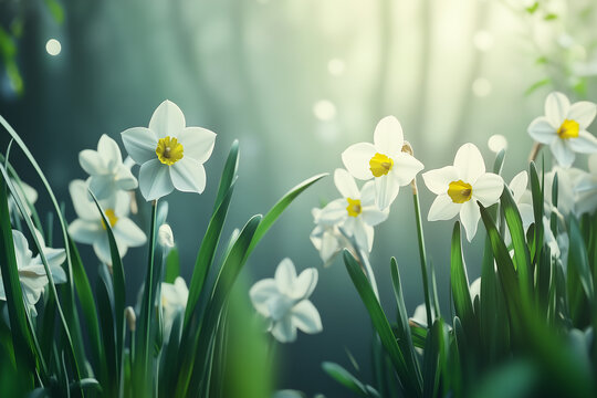 Close up view of the blooming daffodils in early spring, celebrating welsh tradition and spring concept of seasonal advertising greeting cards floristry