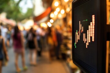 Dynamic Stock Market Data Visualization Displayed on Digital Screen in Bustling Urban Street