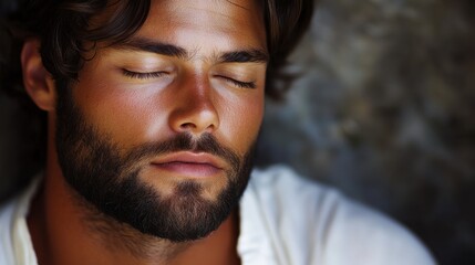 Obraz premium Man with closed eyes resting peacefully against a textured background during a calm moment of relaxation