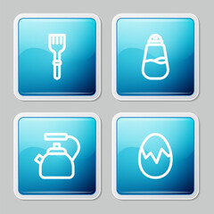 Set line Fork, Salt, Kettle with handle and Broken egg icon. Vector