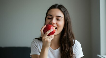 Young caucasian female enjoying a red apple