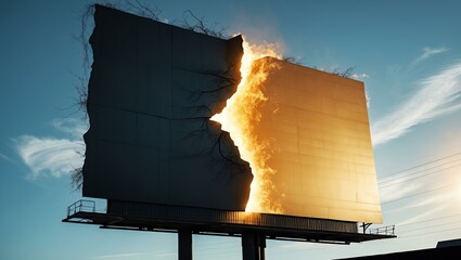 Burning billboard with dramatic visual impact.