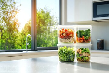 Balanced meal prep ideas in meal containers bright kitchen food photography modern environment front-facing perspective