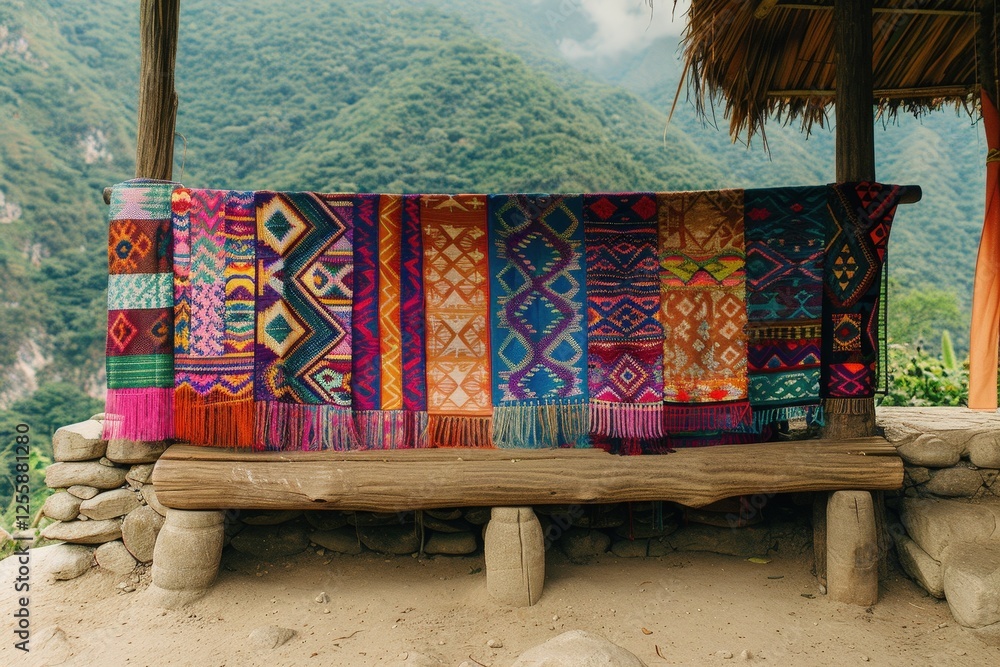 Poster a vibrant display of colorful textiles hangs against a lush mountain backdrop, showcasing intricate 