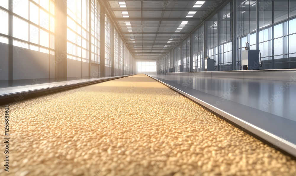 Poster a modern, spacious corridor with a textured floor, illuminated by large windows, leading towards a b