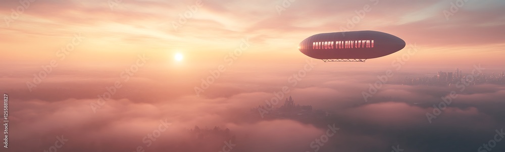 Poster a futuristic airship glides above soft clouds during a vibrant sunrise, creating a serene and imagin