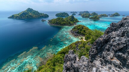 Breathtaking aerial view of tropical island chain clear water scenic landscape peaceful atmosphere nature's beauty