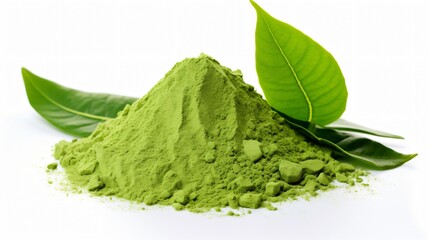 Premium Green Tea Powder and Leaf on White Background