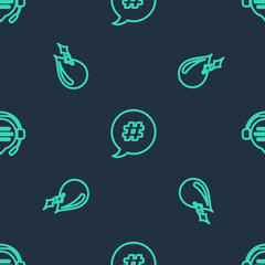 Set line Hashtag speech bubble, Clean water drop and Headphones with chat on seamless pattern. Vector