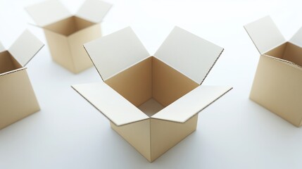 Four Open Cardboard Boxes Arranged on a Minimalist White Surface with Natural Lighting