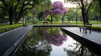 Serene reflection of cherry blossoms in a park pond tranquil nature scene vibrant spring environment