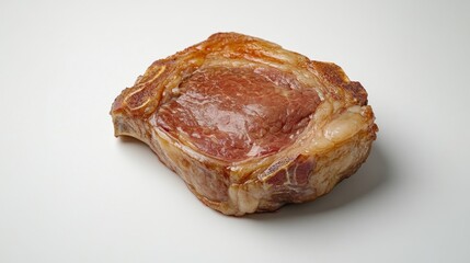 Obraz premium Perfectly cooked steak with a golden crust, highlighting its texture on a plain white surface.