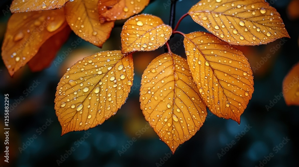 Sticker Autumn leaves, rain drops, close-up, garden, blurred background, nature