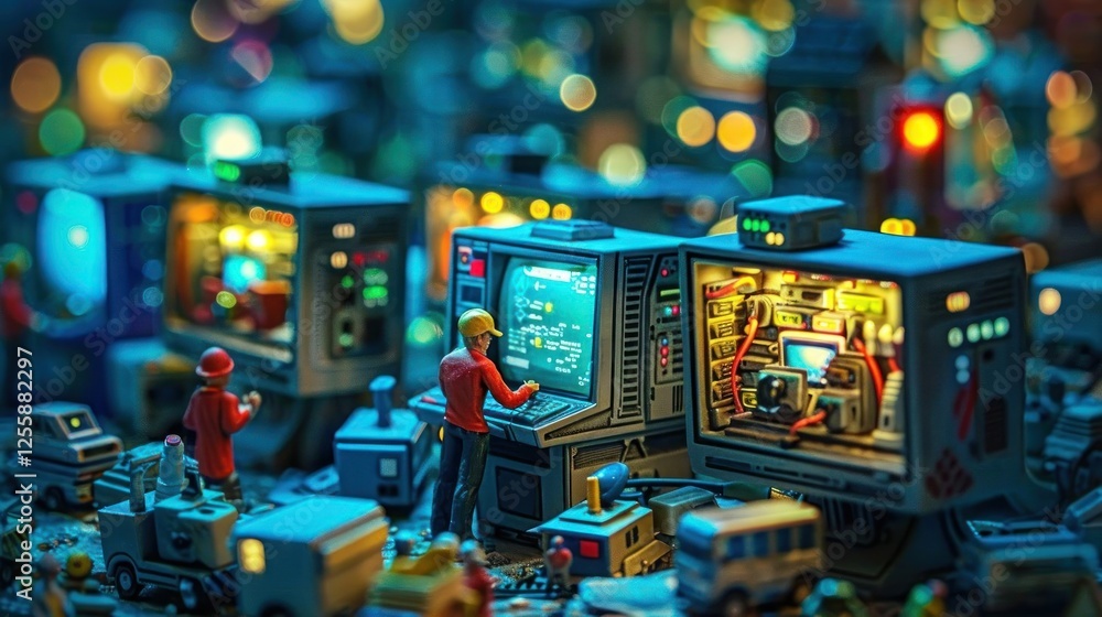 Poster a miniature scene depicting workers interacting with advanced technology and screens.