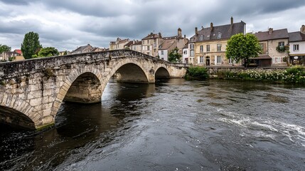 Fototapeta premium Charming riverside city with cobblestone streets scenic bridge and serene waterway france travel photography
