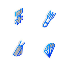 Set Isometric line Aviation bomb, Military reward medal, dog tags and Parachute icon. Vector