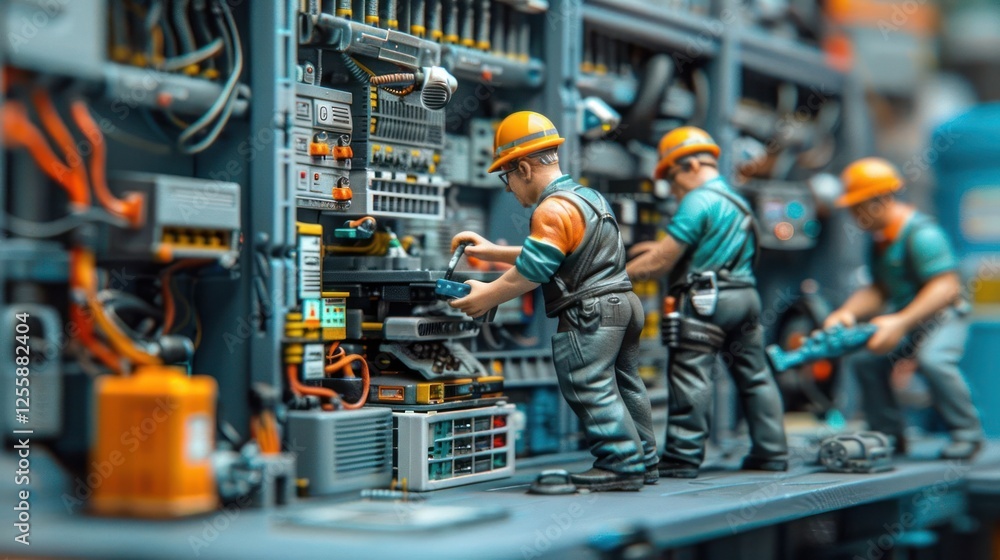 Poster miniature figures working on a complex machinery setup in an industrial setting.