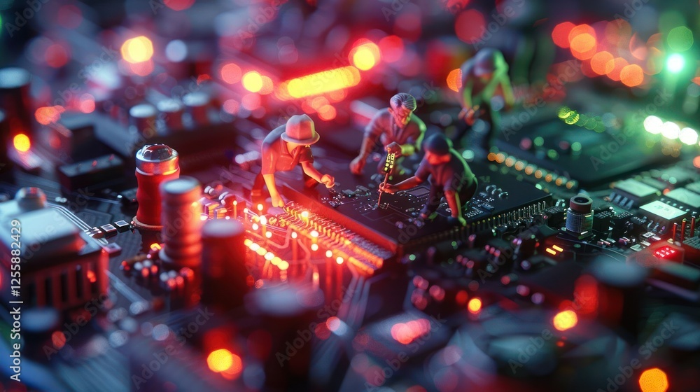 Aufkleber miniature figures working on a circuit board with glowing lights.