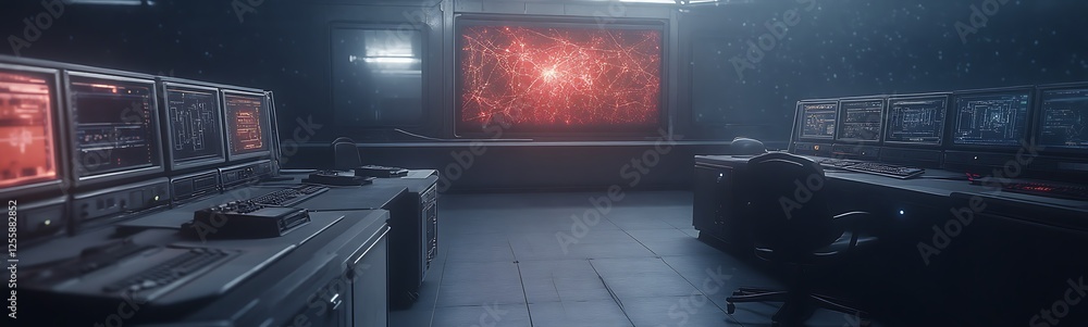 Leinwandbilder a dimly lit, futuristic control room features advanced technology and a glowing screen displaying vi