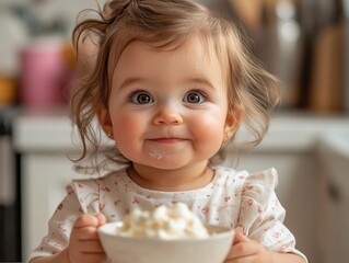 Happy toddler enjoying a bowl of whipped cream in a cozy kitchen during afternoon light