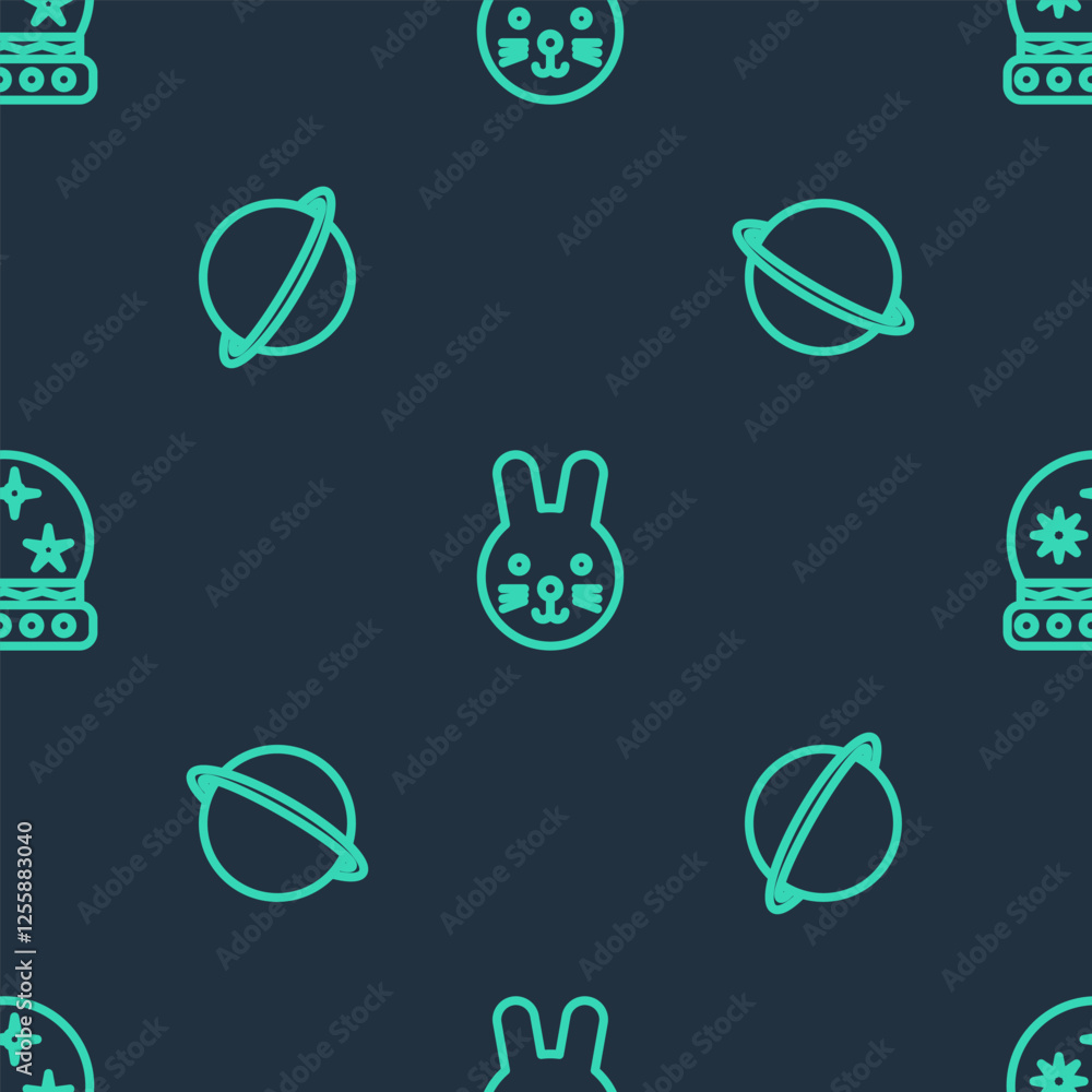 Poster set line rabbit zodiac, planet saturn and magic ball on seamless pattern. vector