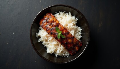 Grilled salmon fillet on a bed of fluffy white rice, garnished with mint