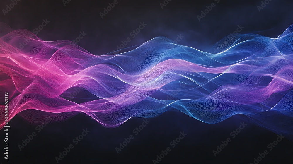Poster a vibrant abstract representation of flowing waves in pink and blue against a dark background, sugge