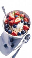 Healthy gluten-free oatmeal breakfast bowl with fresh fruits bright light colorful presentation side angle view dietary concept