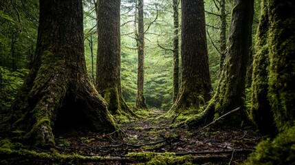 Exploring ancient forests towering trees in a mysterious environment nature photography from inside
