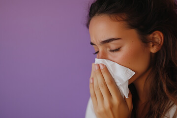 A person with long hair coughing into a tissue, isolated against a purple background.
