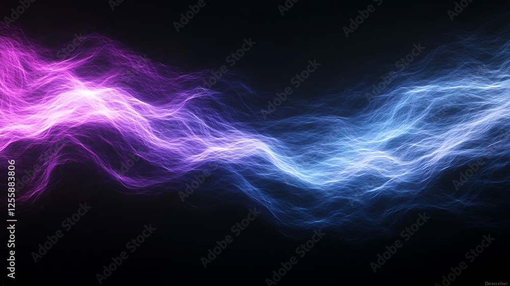 Poster A vibrant abstract image featuring flowing pink and blue waves on a dark background, creating a dynamic and energetic visual effect.