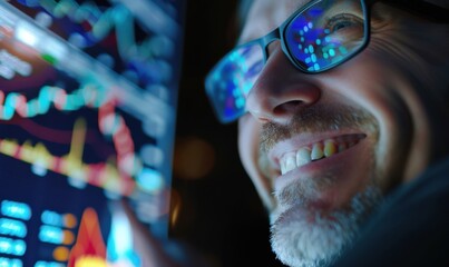 Data analyst smiles while observing stock market charts during a late-night work session in a modern office environment