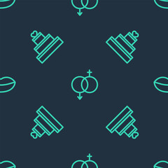 Set line Gender, Wedding cake with heart and Smiling lips on seamless pattern. Vector