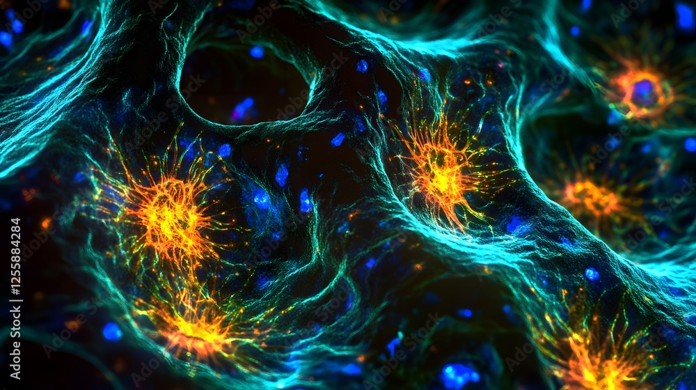 Poster colorful patterns of neurons interconnected in abstract biology image