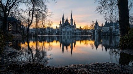 Fototapeta premium Enchanted castle reflections tranquil lake landscape photography serene environment sunset view dreamy concept