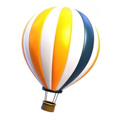 Fototapeta premium A colorful hot air balloon with orange, white, and blue stripes, floating against a white background, evoking a sense of adventure and exploration.