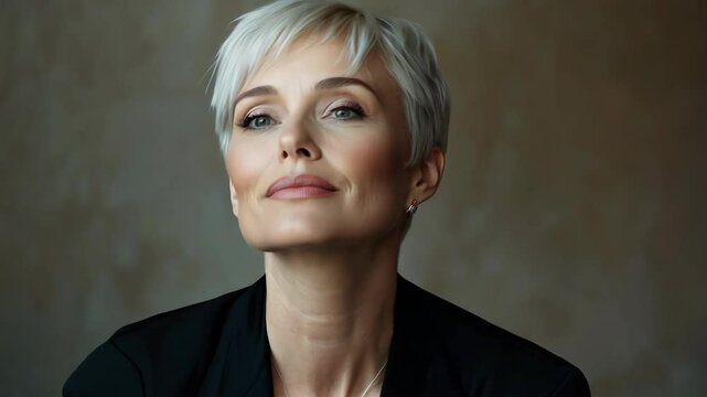 Confident Mature Businesswoman with Gray Hair and Stylish Pixie Cut Exudes Professionalism in a Studio Portrait