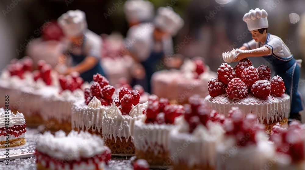 Aufkleber a colorful display of miniature cakes topped with raspberries and tiny chefs decorating them.