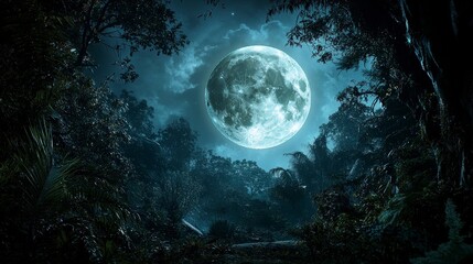 Moonlit serenity a glowing full moon over a shadowy forest nature scene dark environment enigmatic viewpoint