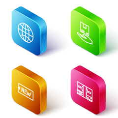 Set Isometric line Worldwide, Delivery hand with boxes, Price tag text New and Stacks paper money cash icon. Vector