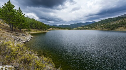 Fototapeta premium Serene mountain lake reflection peaceful nature scene tranquil waters green pines cloudy sky scenic beauty